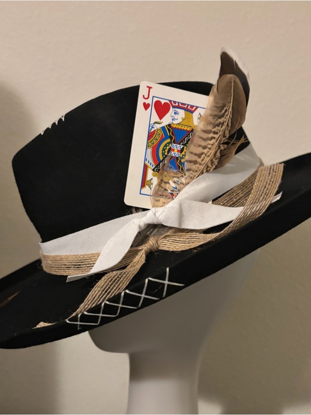 Black Fedora Hat with Feather & Playing Card Accent